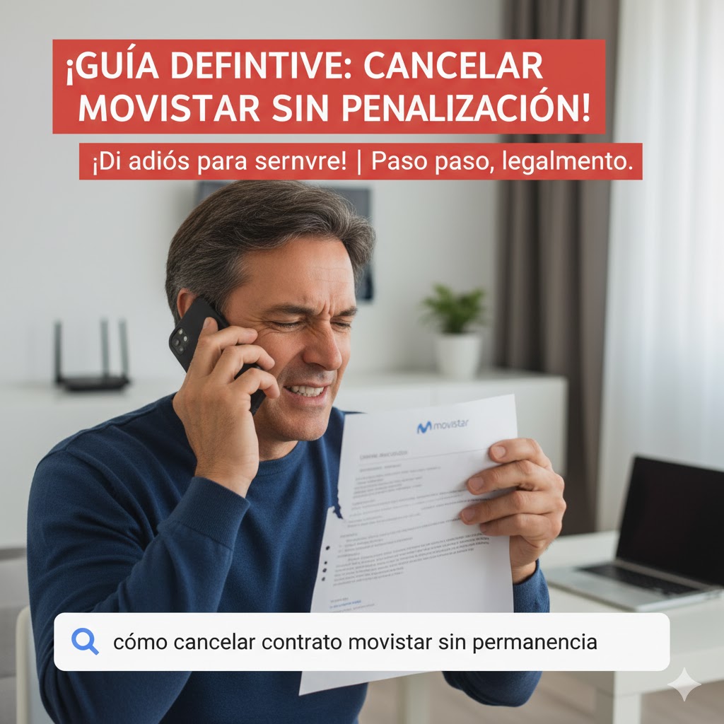Guía legal explicando cómo cancelar un contrato de Movistar sin pagar la penalización por permanencia.