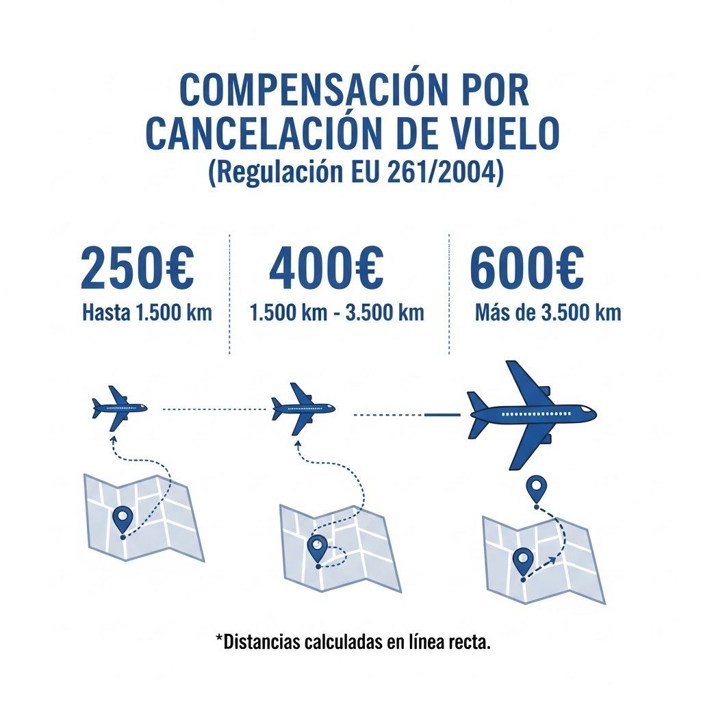 Infográfico explicando la indemnización por vuelo cancelado según el Reglamento 261/2004: 250€, 400€ o 600€ según la distancia.