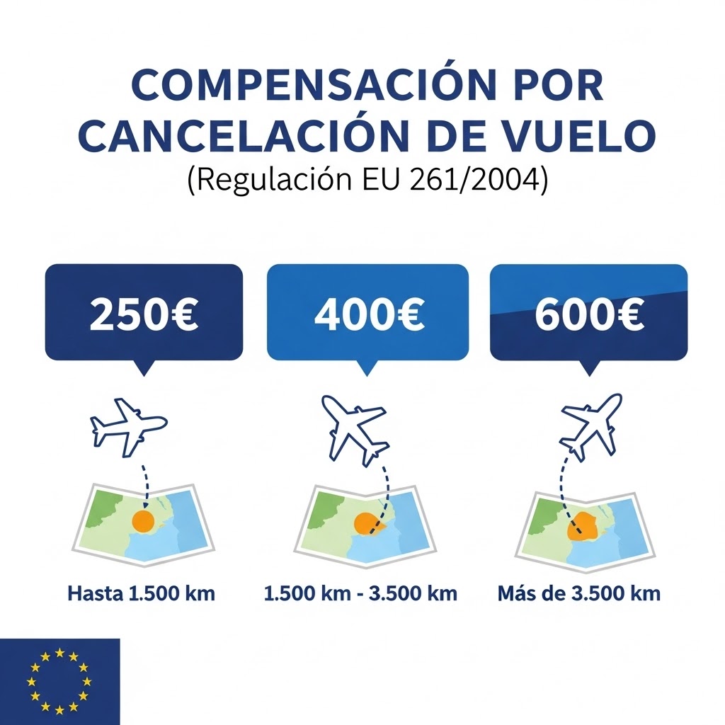 Infográfico explicando la indemnización por vuelo cancelado según el Reglamento 261/2004: 250€, 400€ o 600€ según la distancia.