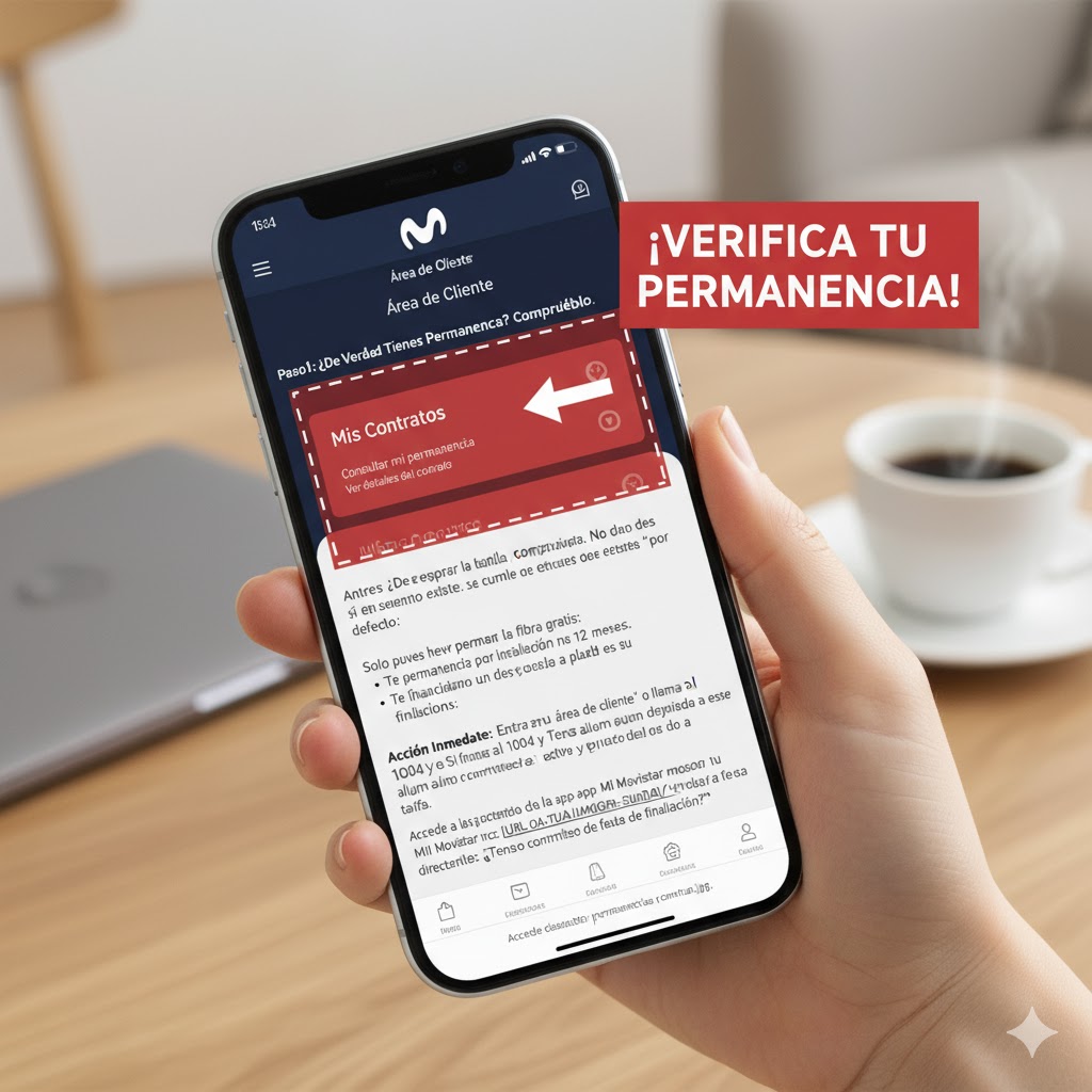 Captura de pantalla de la app Mi Movistar mostrando dónde comprobar la permanencia del contrato.