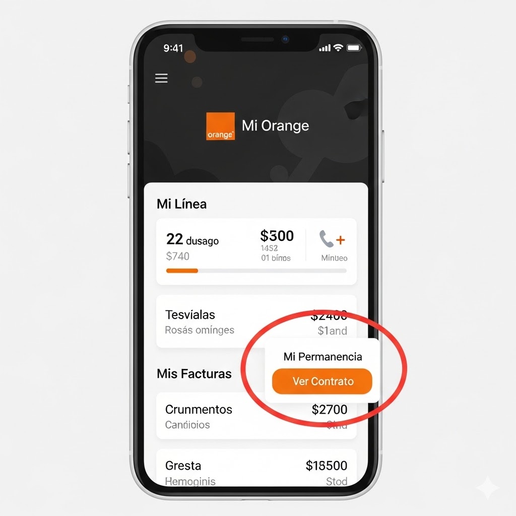 Captura de pantalla de la app Mi Orange mostrando dónde comprobar la permanencia del contrato antes de darse de baja.