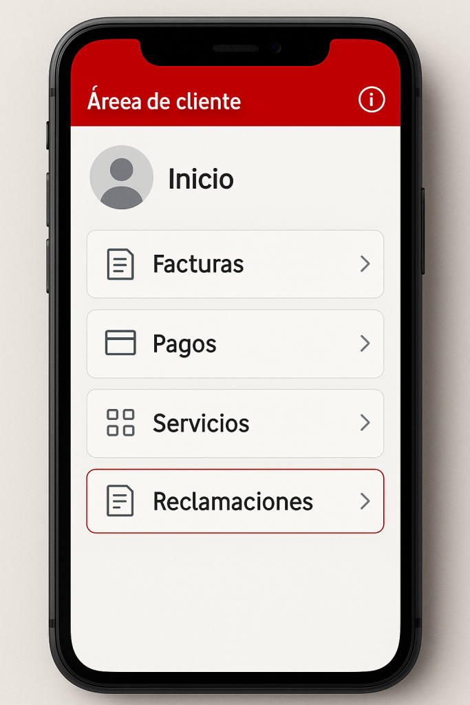 Captura de pantalla del área de cliente Mi Vodafone mostrando dónde revisar facturas y presentar reclamaciones.