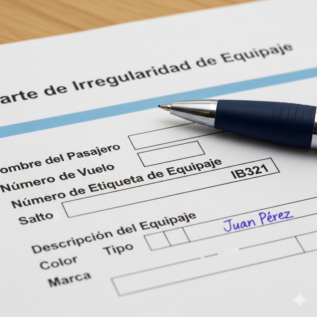 Ejemplo de un Parte de Irregularidad de Equipaje (P.I.R.) que debe rellenarse en el aeropuerto para reclamar una maleta perdida.