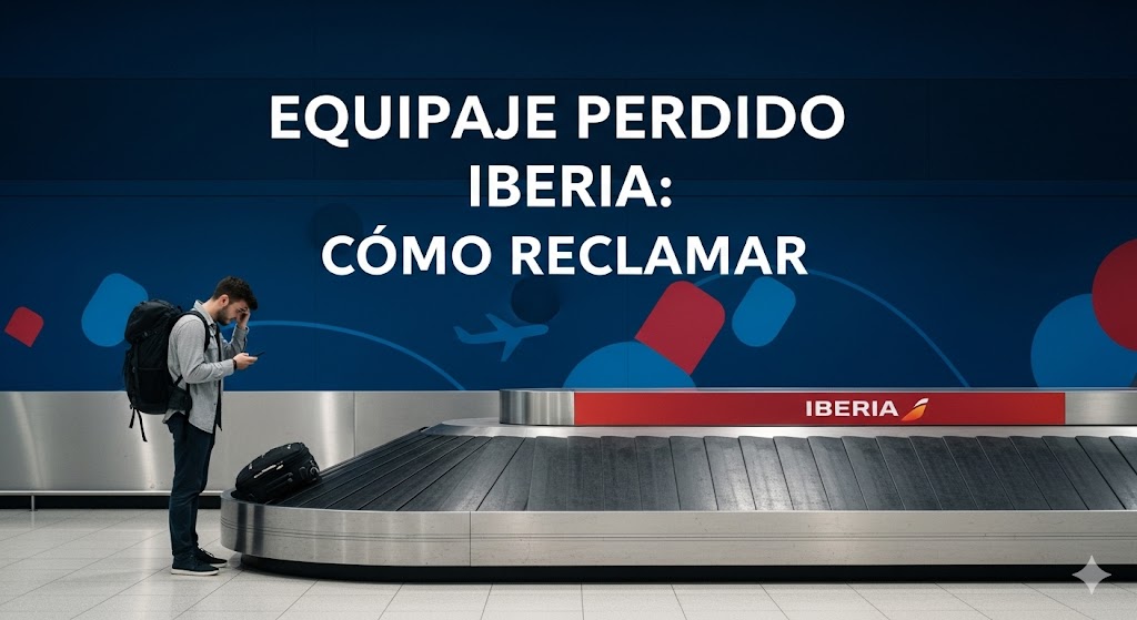 Viajero frustrado esperando junto a una cinta de equipaje vacía en el aeropuerto, reclamando su maleta perdida a Iberia.