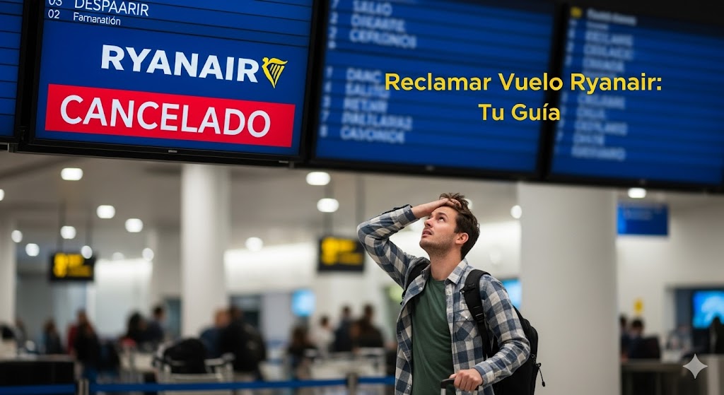 Viajero frustrado en el aeropuerto mirando un panel de vuelos cancelados de Ryanair y pensando en su indemnización.