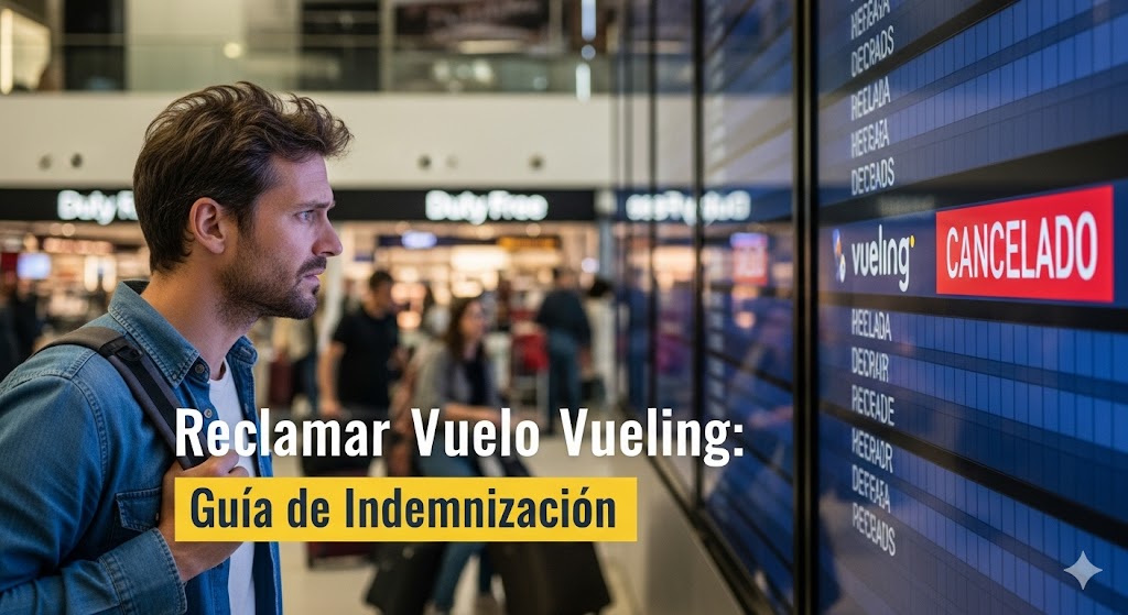Viajero frustrado en el aeropuerto mirando un panel de vuelos cancelados de Vueling y pensando en su indemnización